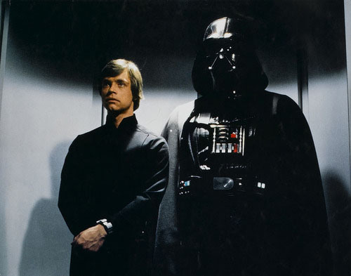 Luke Skywalker and Darth Vader in an elevator.