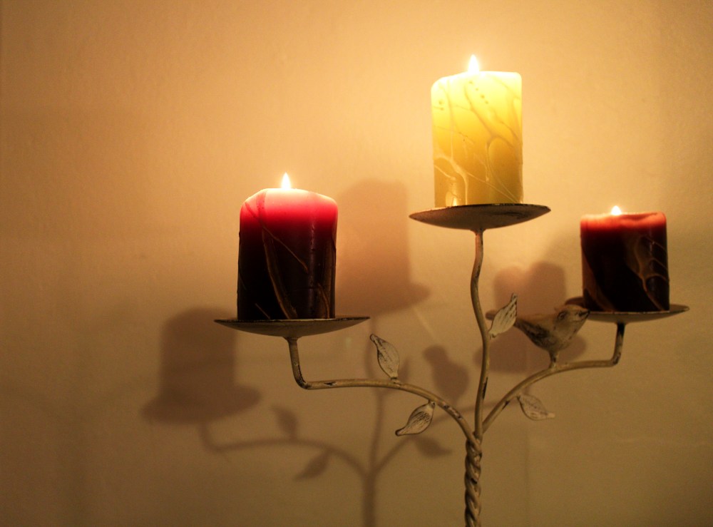 Brown and green candles on a birdie candle stand.